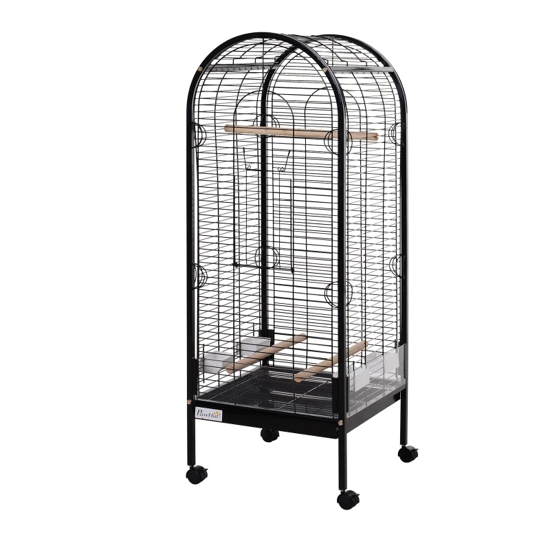 PawHut Metal Bird Parrot Cage With Rolling Standing 5ft w/ perches and bowls Black