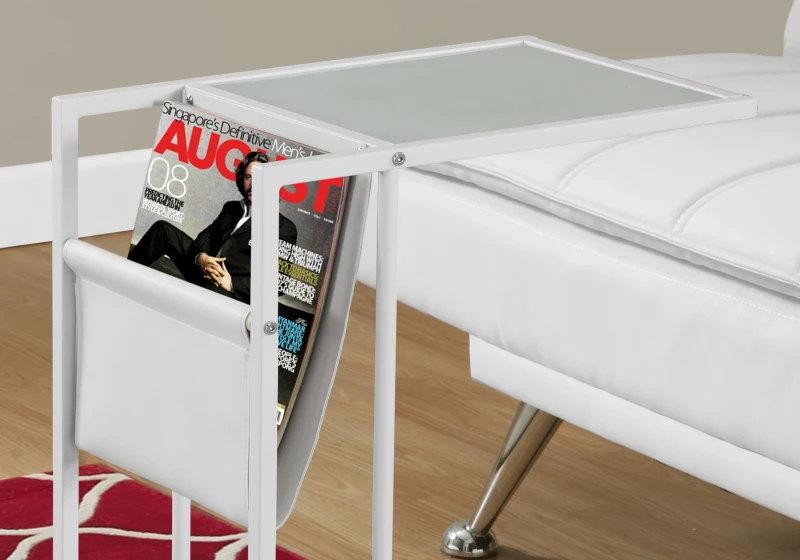 Monarch 24" Contemporary Tempered Glass Top Metal Frame Snack C-Shape Side Accent Table with Magazine Storage Rack - White Finish