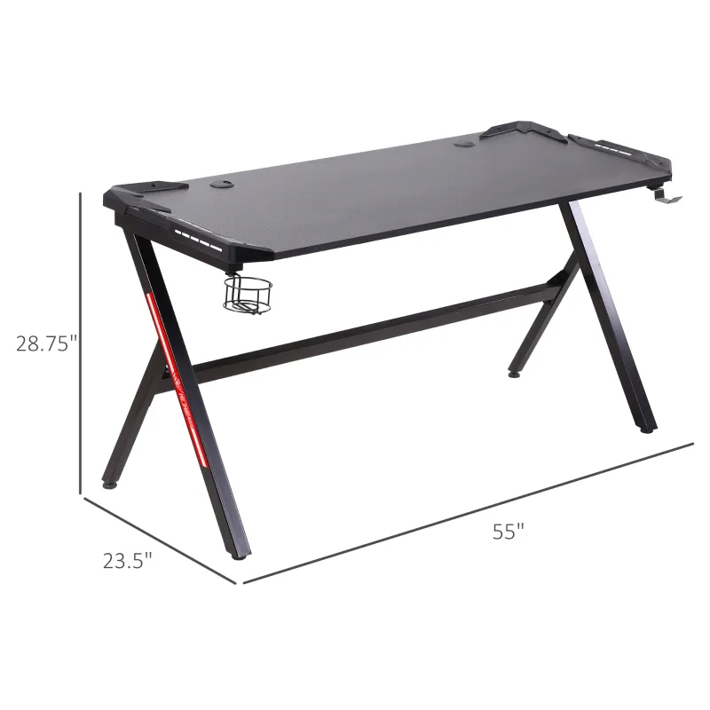HOMCOM 55" Gaming Desk Racing Style Computer Table with LED Light Cup Gamepad Holder Headphone Hook Cable Management E-sport Study Workstation, Black
