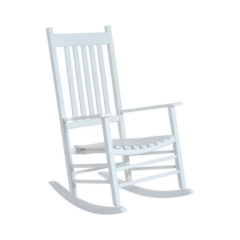 Outsunny Outdoor Rocking Chair, Patio Wooden Rocking Chair with Smooth Armrests, High Back for Garden, Balcony, Porch, Supports Up to 352 lbs, White