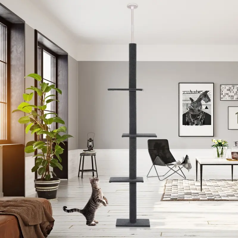 PawHut Floor-to-Ceiling Cat Tree Cat Climbing Tower with Sisal-Covered Scratching Posts Natural Cat Tree Activity Center for Kittens Cat Tower Furniture, Gray