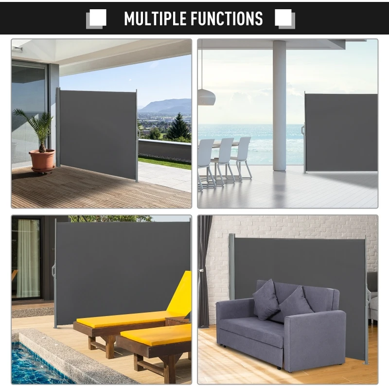 Outsunny 10' Retractable Folding Patio Privacy Side Awning with 50+ UV Protection, 2 Wall Brackets, & Polyester, Grey