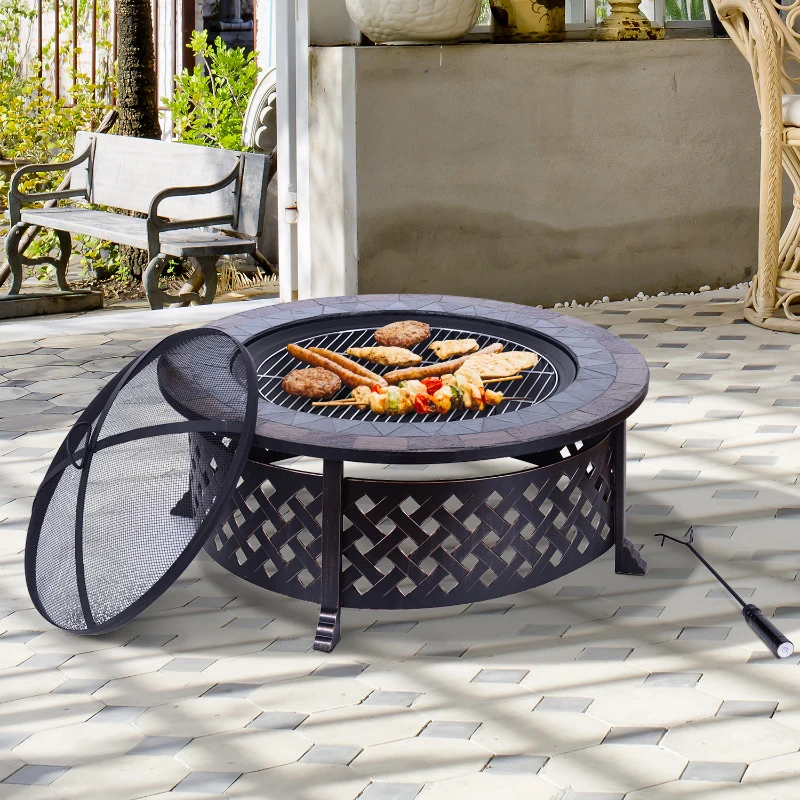 Outsunny 34" Fire Pit with BBQ Grill Backyard Patio Fire Bowl Outdoor BBQ Round Stove Black