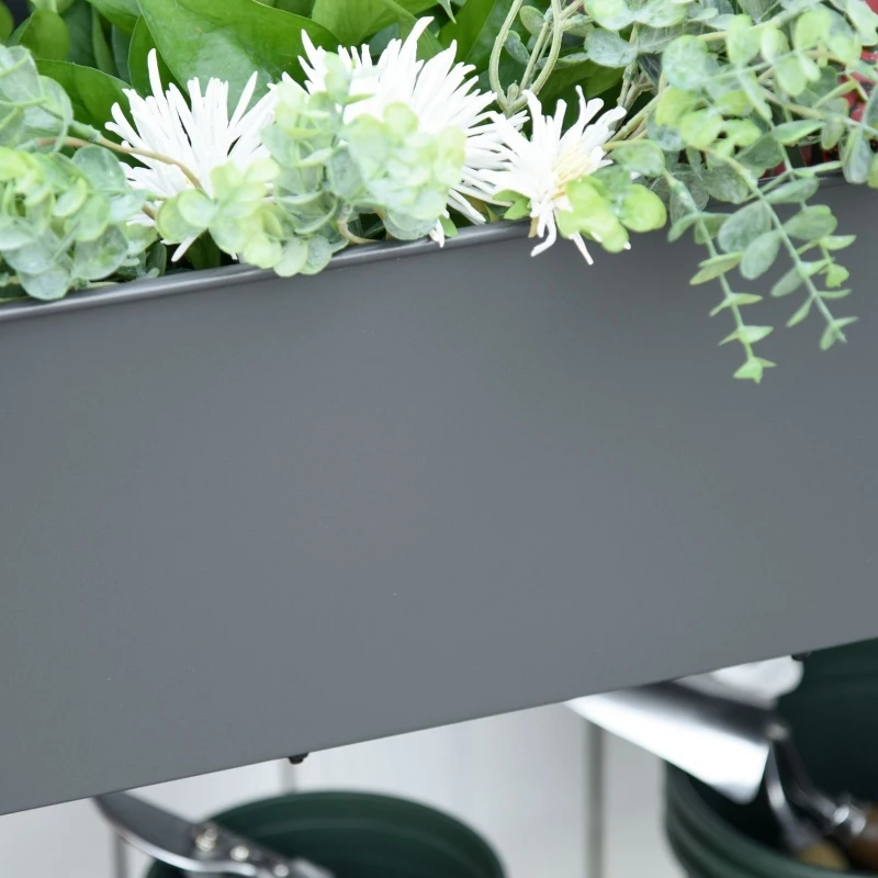 Outsunny 43" x 17" x 32" Raised Garden Bed Elevated with Wheels, Metal Elevated Planter Box with Bottom Shelf for Storing Tools & Water Drainage Hole, Grey