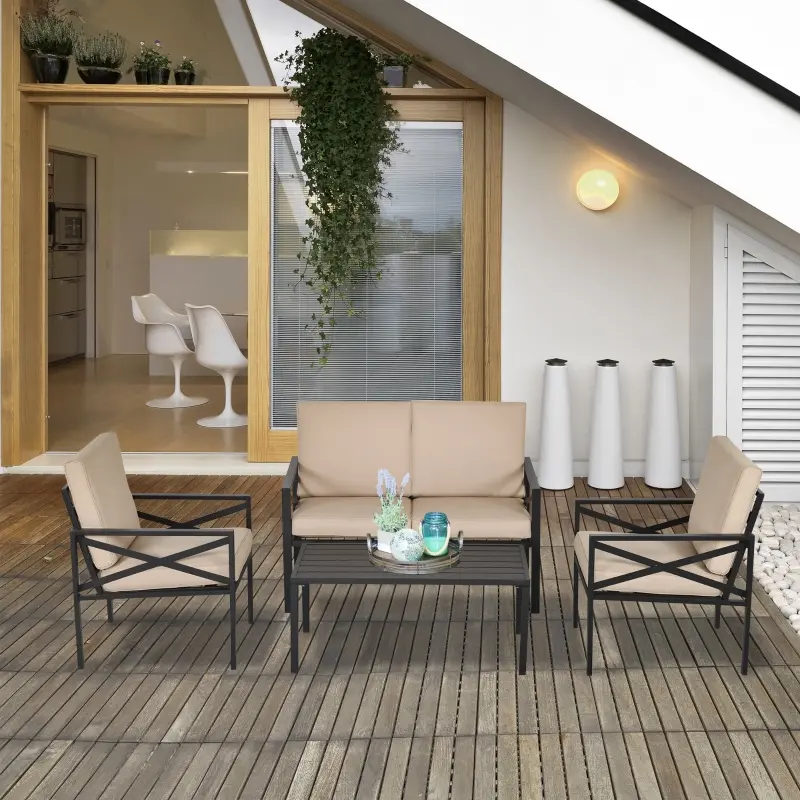 Outsunny 4-Piece Patio Furniture Set Garden Conversation Set with Soft Washable Cushions & Strong Steel Frame, Beige