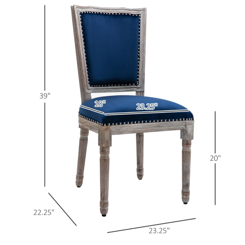 HOMCOM Vintage Upholstered Dining Chairs Set Of 2 with Nailhead Trim , Thick Padded Seat Cushions, and Wood Legs, Blue