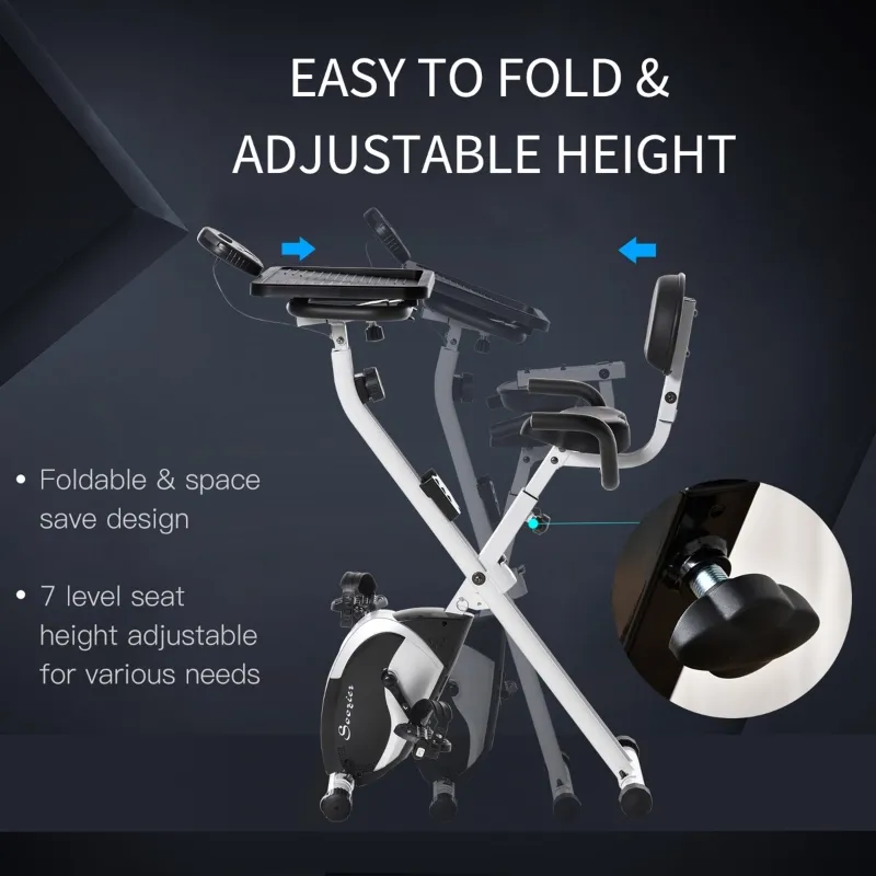 Soozier Stationary Exercise Bike with Adjustable Desktop, Seat Height and Resistance, 3lb Flywheel and Foldable Space-Saving Design, White