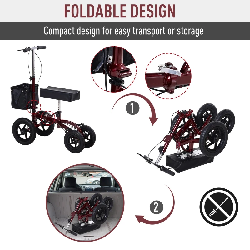 HOMCOM Knee Scooter for Foot Injuries in Adults with Basket Storage, Portable Folding Knee Walker Mobility Scooter for Medical Rehabilitation & Injuries, Red