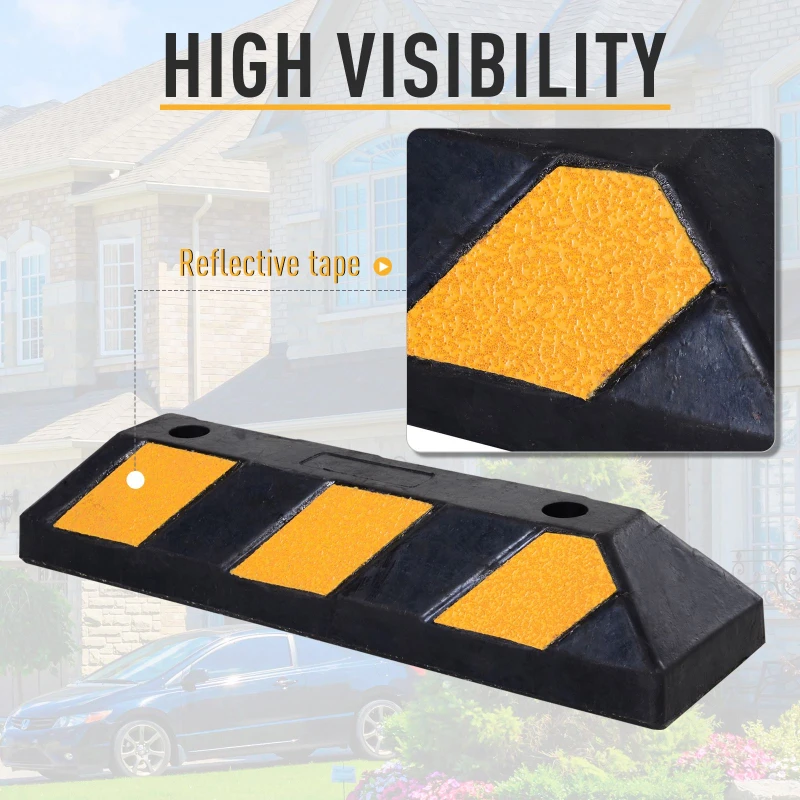 HOMCOM 2 Packing Rubber Curb Safety and Security Wheel Stopper for Driving and Protection w/ Reflective Stripes Heavy Duty Black and Yellow