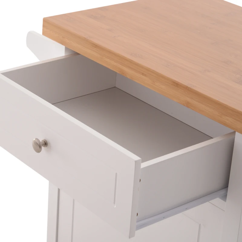 Open Box HOMCOM 27.5" Pine Wood Bamboo Portable Rolling Kitchen Island Cart with Wheels - White