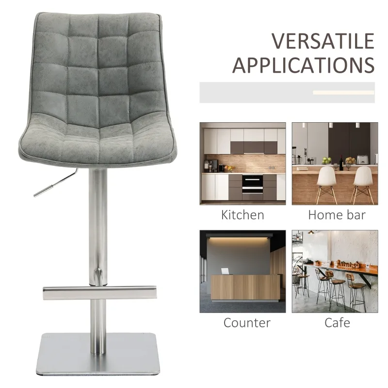 HOMCOM Vintage PU Leather Bar Stool with Stainless Steel Base, Adjustable Counter Height Bar Chair Swivel Barstool with Back, Footrest, Grey