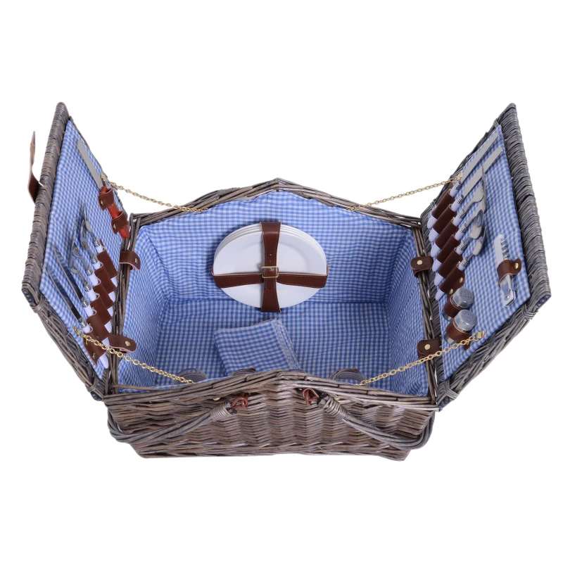 Outsunny Double-Lid Wicker Picnic Basket for 4 People Cutlery Plate Wine Glass