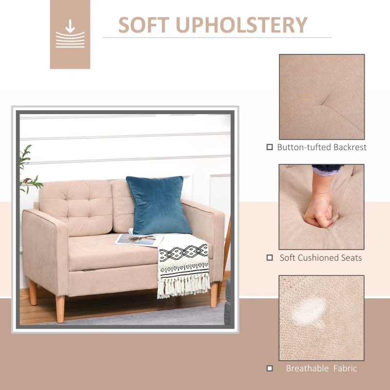 HOMCOM Modern 2-Seater Loveseat Button-Tufted Fabric Couch with Storage Chest, Cushions and Rubberwood Legs for Living Room, Light Brown