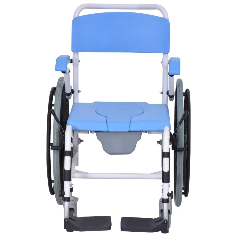 HomCom Rolling Shower Wheelchair Bath Toilet Commode Bariatric with 24" Wheels, Detachable Bucket & Shower-Proof Design, 17" Seat Width, Blue