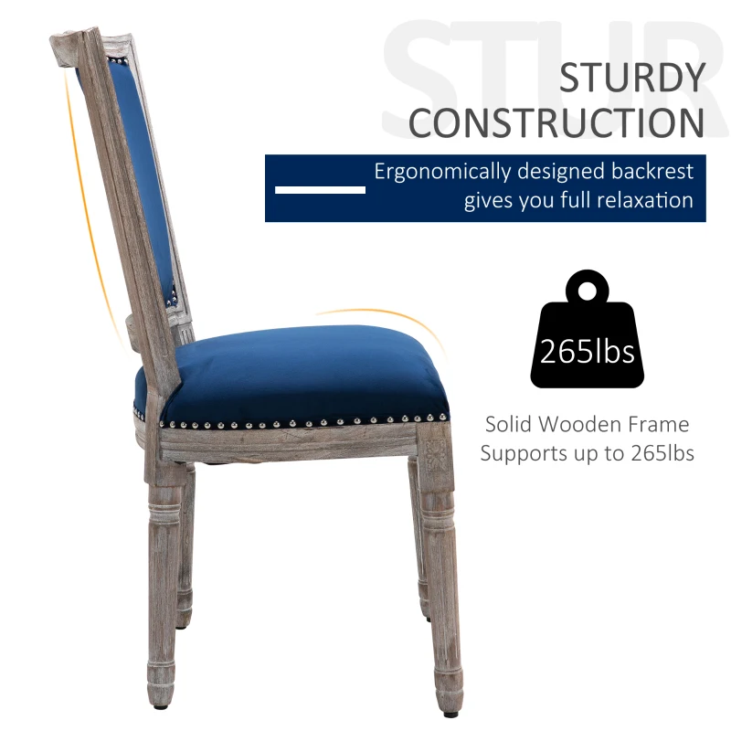HOMCOM Vintage Upholstered Dining Chairs Set Of 2 with Nailhead Trim , Thick Padded Seat Cushions, and Wood Legs, Blue