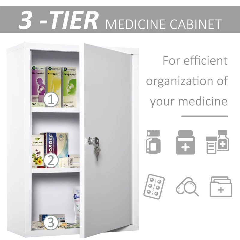 kleankin Steel Wall Mount Medicine Cabinet 3 Tier Emergency Box for Bathroom Kitchen, Lockable with 2 Keys - White