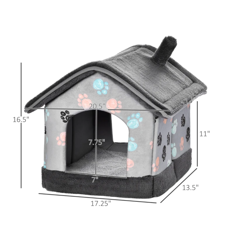 PawHut Heated Cat House Condo, Foldable Enclosed Pet House with Heating Pad for Cats or Small Dogs, Use for Indoor & Outdoor Paw Print Pattern