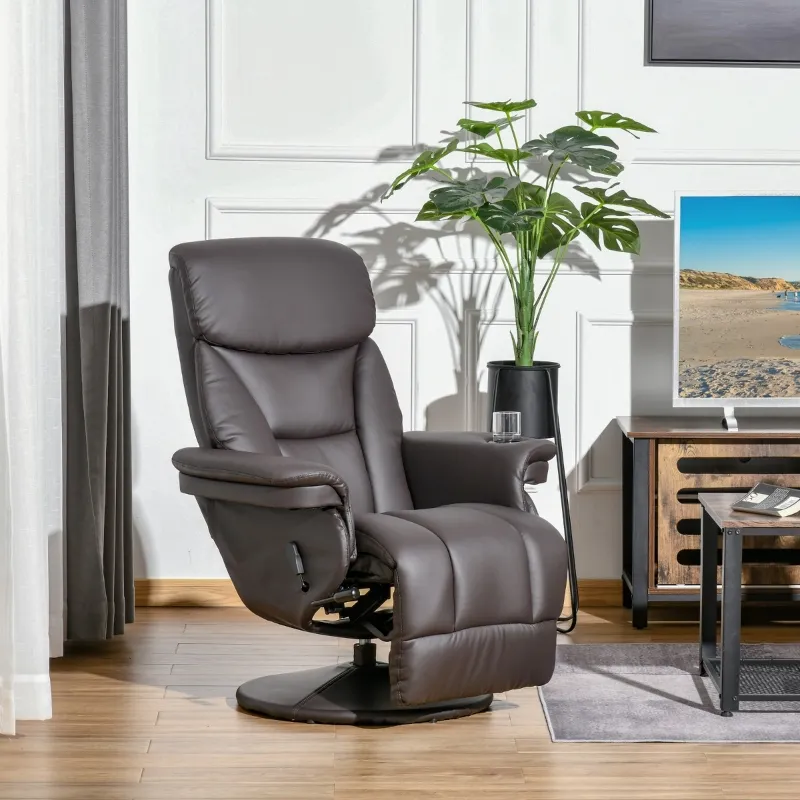 HOMCOM Manual Recliner, Swivel Lounge Armchair with Side Pocket, Footrest and Cup Holder for Living Room, Brown