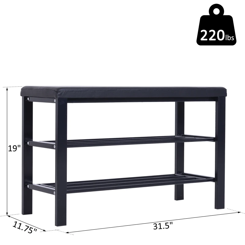 HOMCOM Hallway Shoe Bench with 2 Tier Shoe Rack Holder Entryway Shoe Storage Shelf Unit with Padded Seat Black