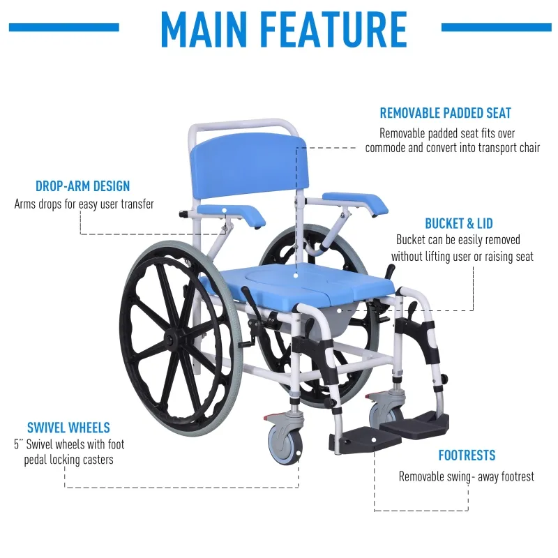 HomCom Rolling Shower Wheelchair Bath Toilet Commode Bariatric with 24" Wheels, Detachable Bucket & Shower-Proof Design, 17" Seat Width, Blue