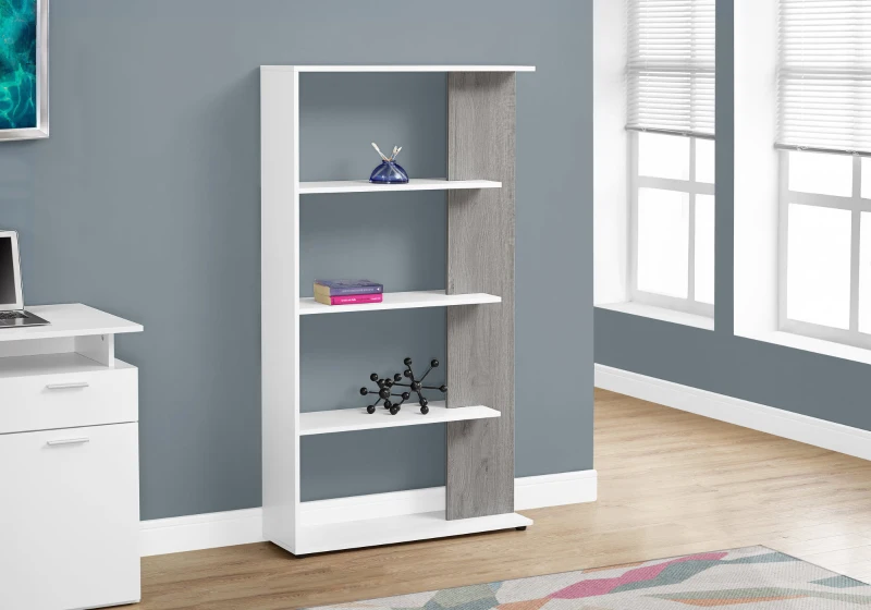 Monarch 56" Contemporary Reclaimed Wood-look 4-Shelf Adjustable Bookshelf - White