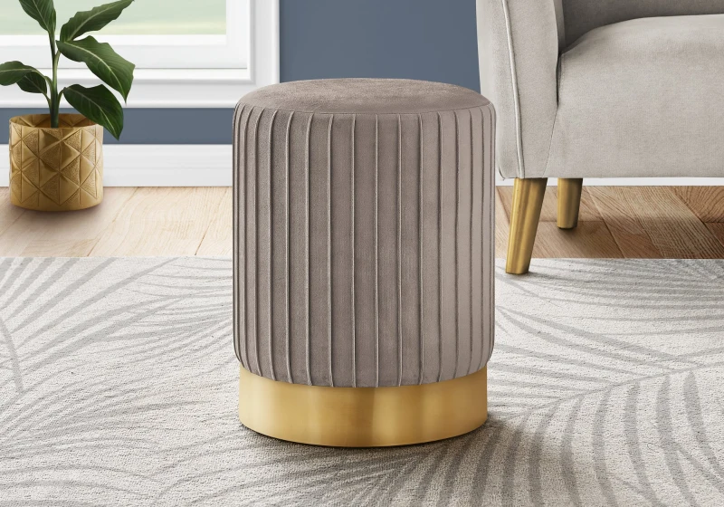 Monarch Upholstered Round Ottoman Pouf Stool with Metal Base - Light Brown Velvet / Gold Metal