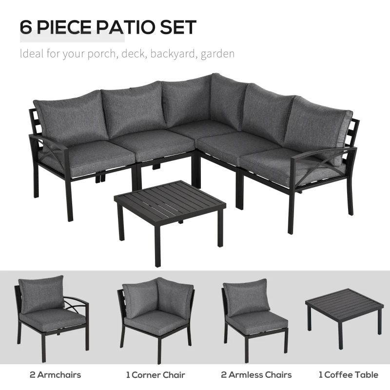 Outsunny 6-Piece Patio L-Shaped Sofa Conversation Set with Coffee Table, Water-Fighting Materials, & Comfort, Grey