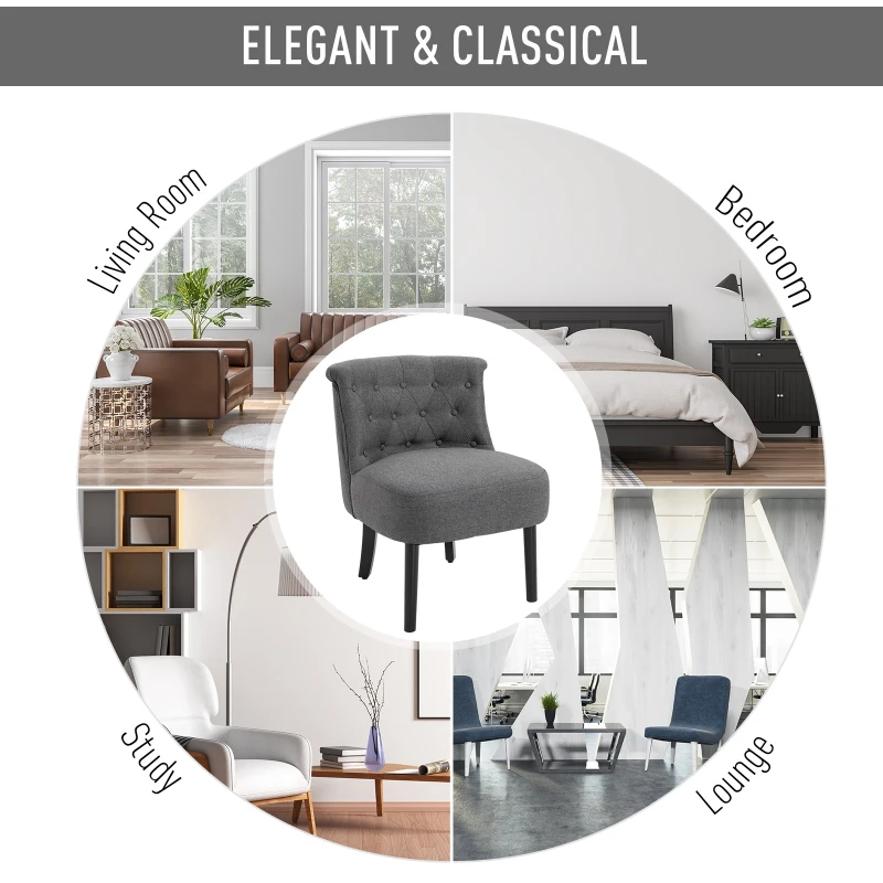 HOMCOM Modern Accent Leisure Chair with Mid Back Button-Tufted Upholstered Fabric and Wooden Legs for Living Room and Bedroom, Grey