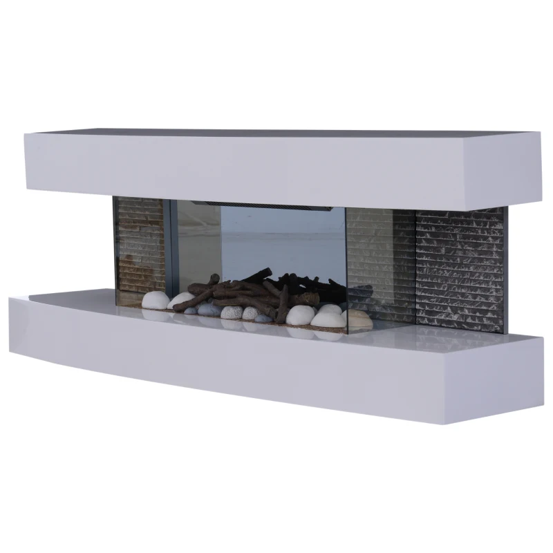 HOMCOM Wall Hanging Electric Fireplace Wood Mantle Mounted Home Heater 750W/1500W Stone Log Flame Stove w/ Remote Control White