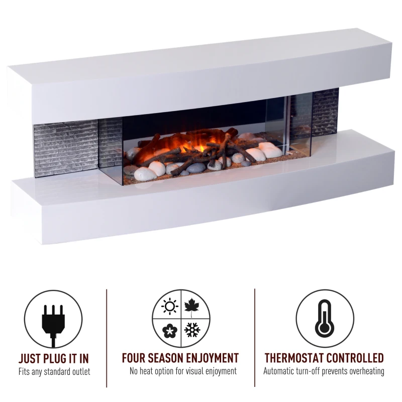 HOMCOM Wall Hanging Electric Fireplace Wood Mantle Mounted Home Heater 750W/1500W Stone Log Flame Stove w/ Remote Control White