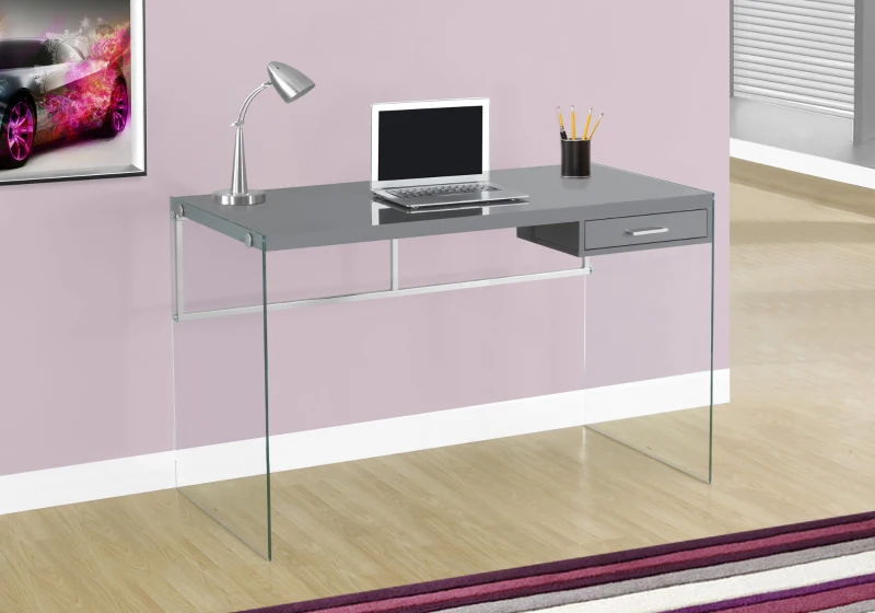 Monarch 48" Contemporary Glass Legged Writing Computer Desk with Drawer - Glossy Grey