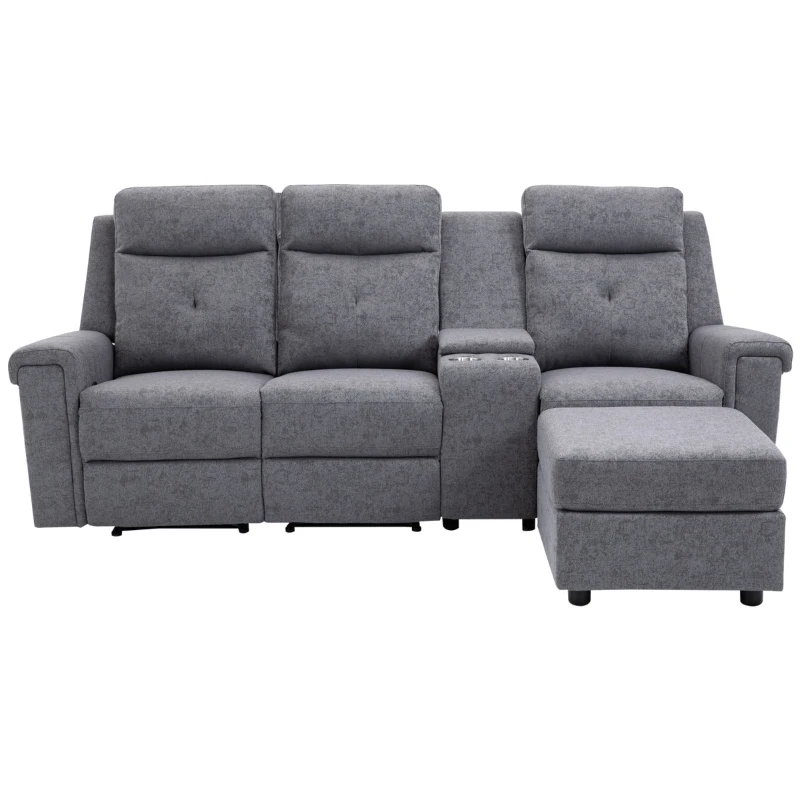 HOMCOM Modern L-Shaped Sectional with Chaise, 3 Seater Manual Recliner with Ottoman, Storage Console, Cup Holders, USB Charging, Gray