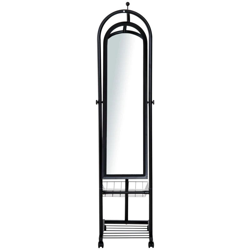 HOMCOM 65" Steel Rolling Floor Mirror Free Standing Tilt Dressing Mirror with Storage Home Furniture Black