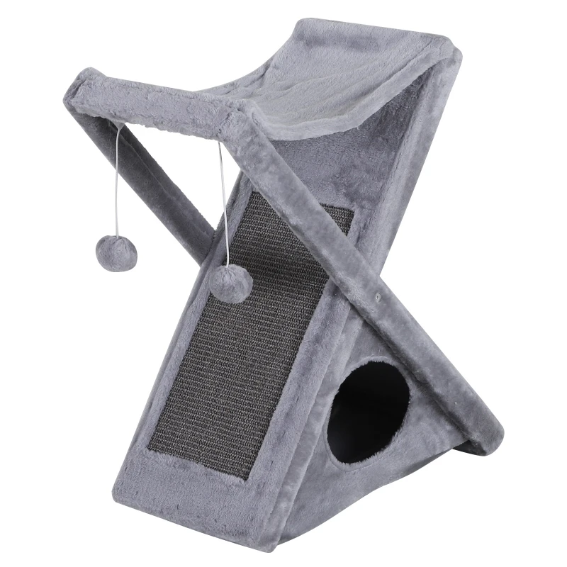 PawHut Fold-and-Store Cat Tower Kitty Activity Tree Center Scratcher Cave Hammock w/Hanging Balls Grey