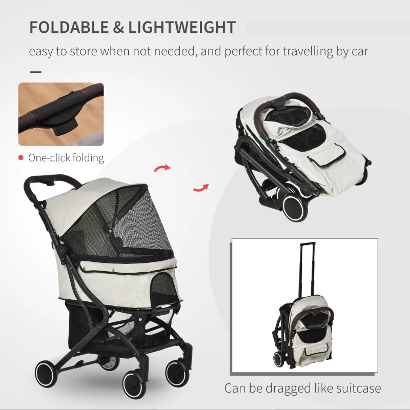 PawHut Travel Pet Stroller for Dogs, Cats, One-Click Fold Jogger Pushchair with Aluminum Frame, EVA Wheels, Brakes, Basket Storage, Safety Belts, Adjustable Canopy, Zippered Mesh Window Door, Beige