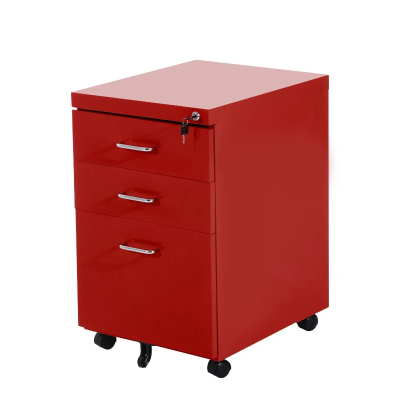 HOMCOM Rolling Filing Steel Cabinet Chest Organizer Cupboard Home Office Furniture with 3 Drawers and LOCK (Red)