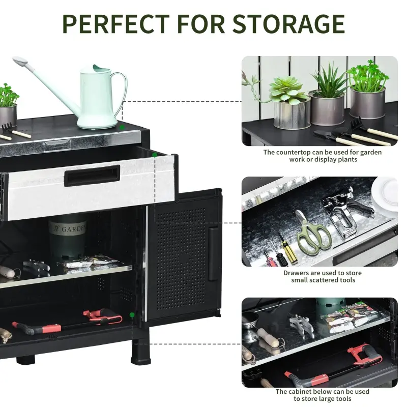 Outsunny Storage Sheds Outdoor Cabinet for Garden Tool with Adjustable Shelves, Ample Drawer with Waterproof PP & Galvanized Steel for Indoor/Outdoor Use