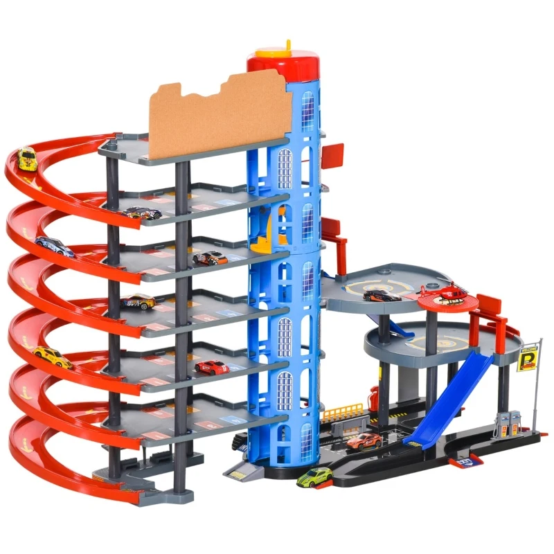 Qaba 7-Level Car Parking Garage Toy Race Tracks Car Ramp Set Toddler Car Games 96PCS w/ Cars & Helicopter Elevator Gas Station Car Repair Station for 3-6 Years Old
