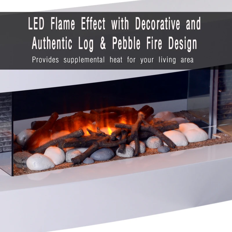 HOMCOM Wall Hanging Electric Fireplace Wood Mantle Mounted Home Heater 750W/1500W Stone Log Flame Stove w/ Remote Control White