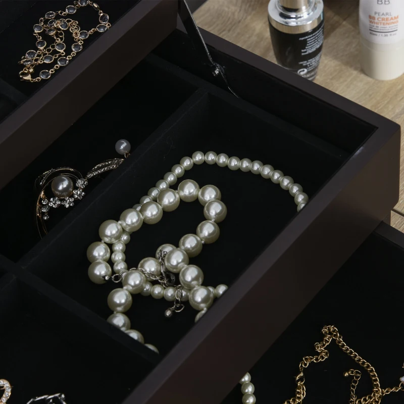 HOMCOM 3-Tier Jewelry Box Organizer with Glass Mirror and 6 Slots for Beauty Accessories, Costume Jewelry - Walnut