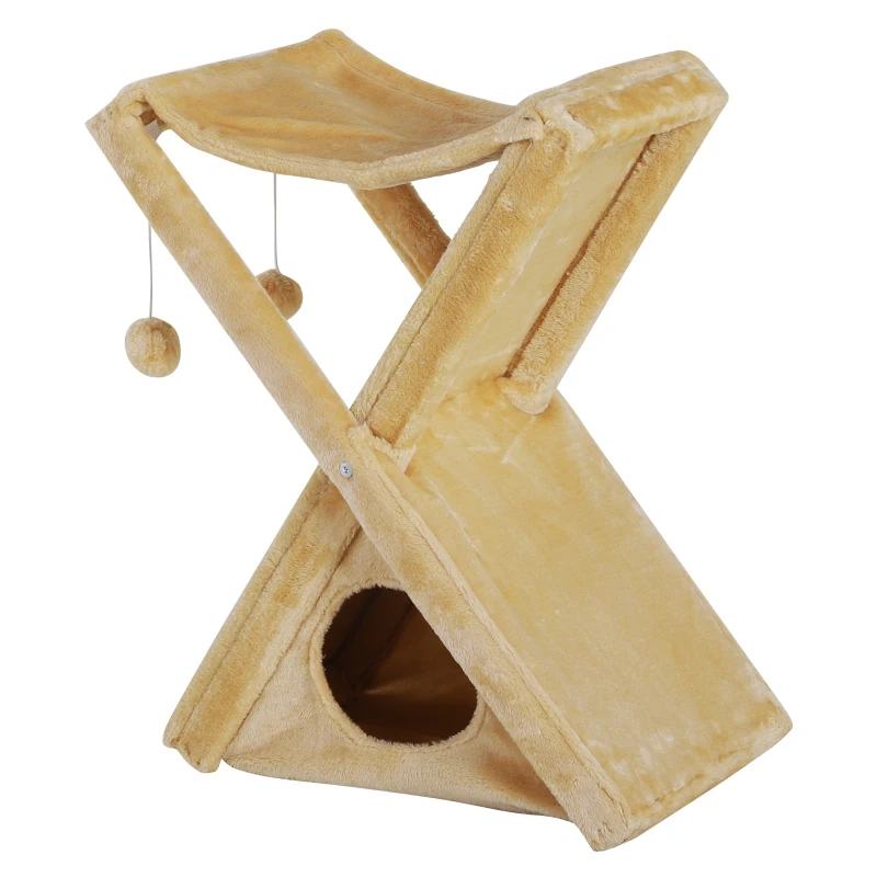 PawHut Fold-and-Store Cat Tower Kitty Activity Tree Center Scratcher Cave Hammock w/Hanging Balls Yellow