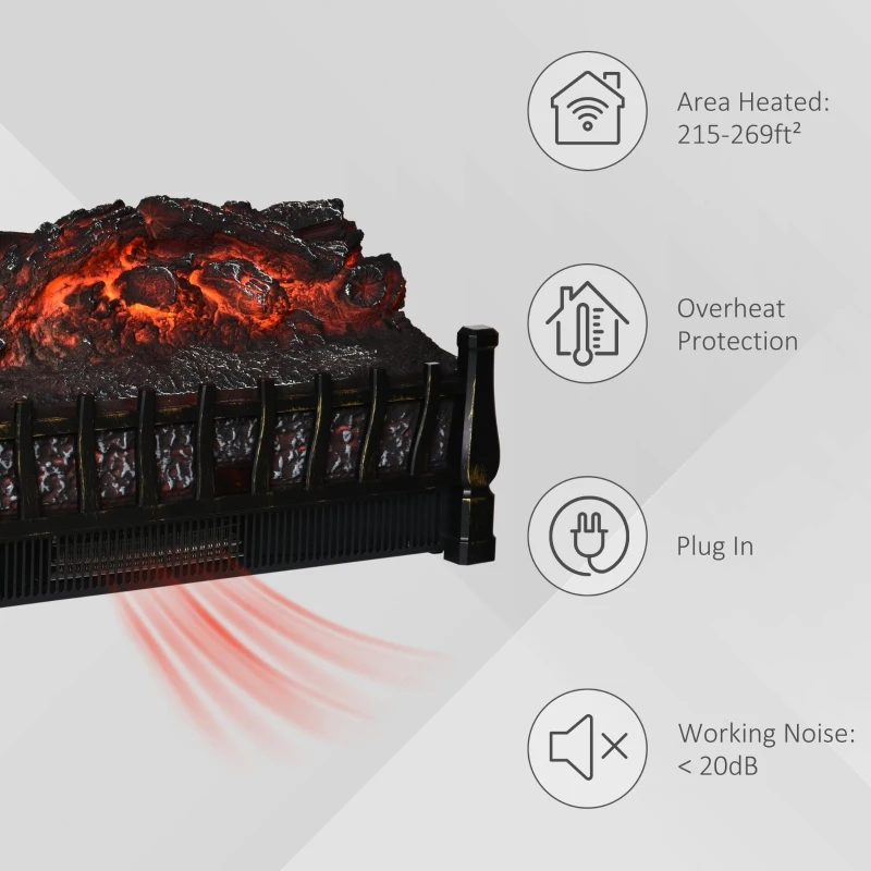 HOMCOM Electric Fireplace Insert Log with Realistic Ember Bed, Fireplace Heater with Remote Control, and 8H Timer, 1500W, Black