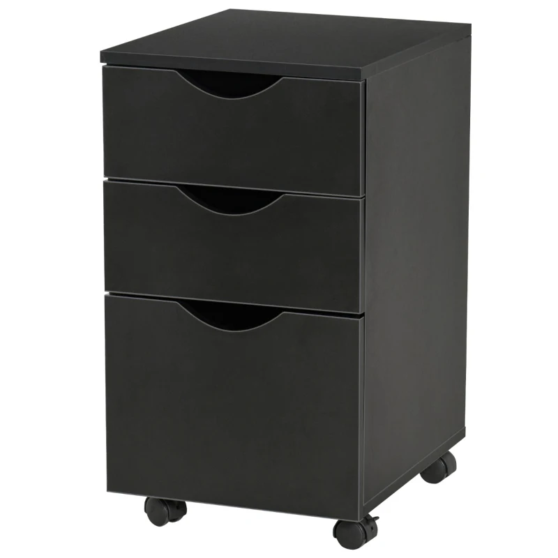 HOMCOM 3 Drawer Mobile File Cabinet with Wheels, Wood Filing Cabinet for Home Office, Rolling Under Desk Cabinet, Black