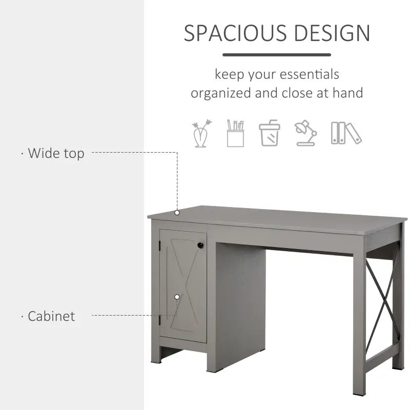 HOMCOM Home Office Writing Desk with Lower Storage Cabinet and X Bar Metal Frame, Grey