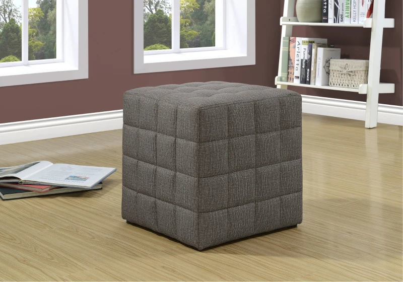 Monarch Padded Linen-Look Tufted Cube Ottoman - Light Brown