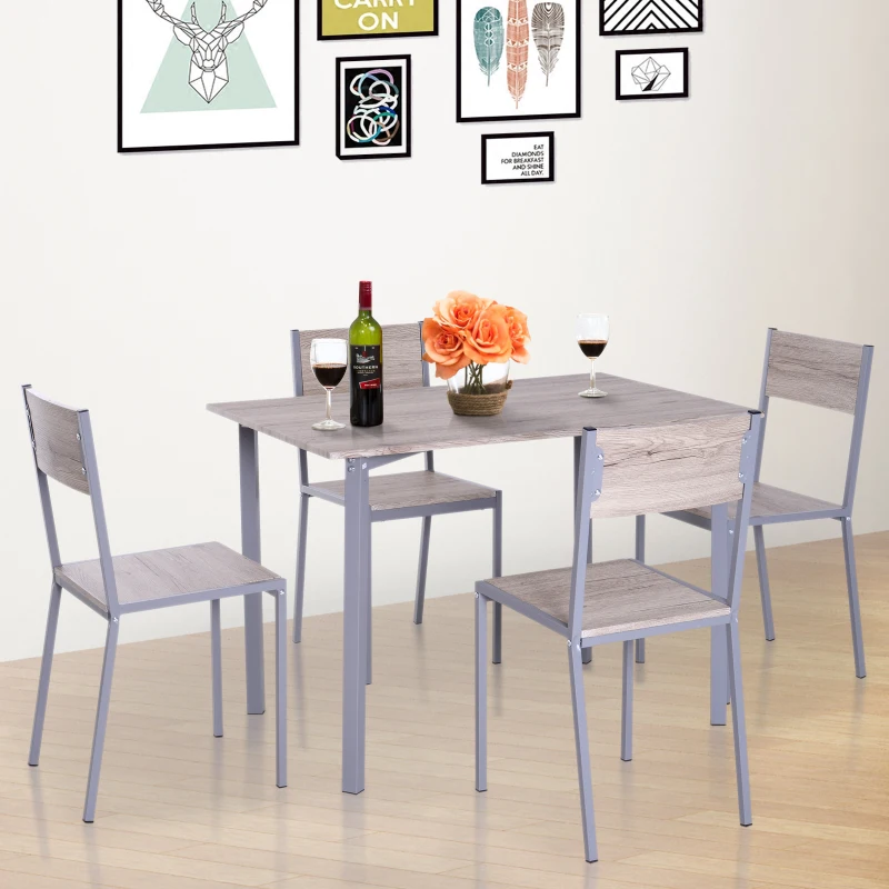 HOMCOM 5pcs Wooden Dining Set Wood and Metal Kitchen Table Set for 4 Chairs Modern and Sleek Dinette Home Furniture