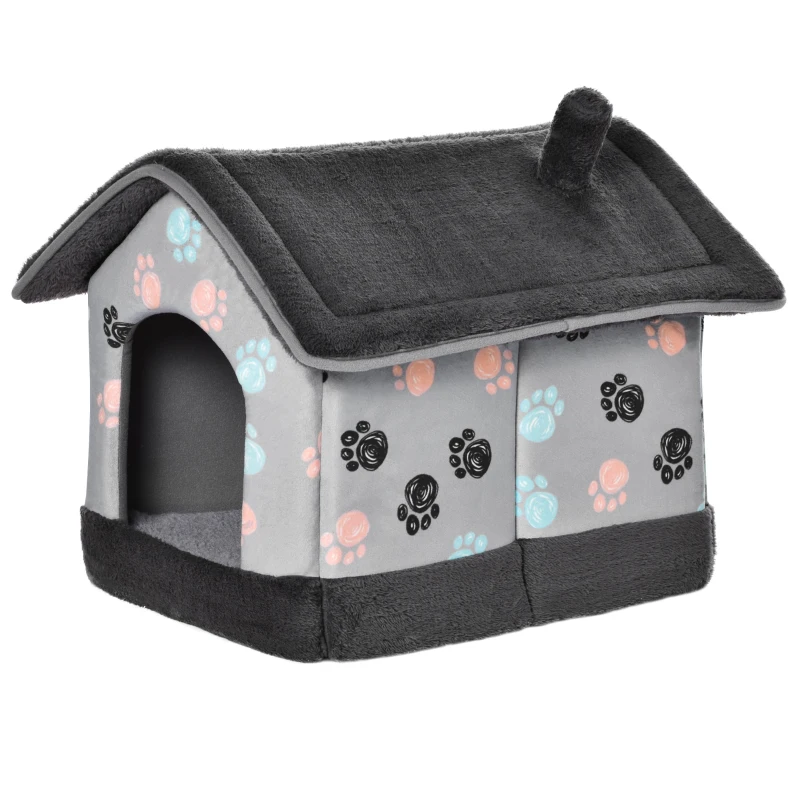 PawHut Heated Cat House Condo, Foldable Enclosed Pet House with Heating Pad for Cats or Small Dogs, Use for Indoor & Outdoor Paw Print Pattern