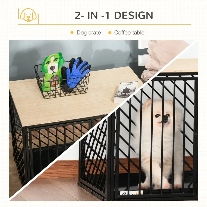 PawHut Furniture Style Dog Crate End Table w/ Cleaning Tray, Steel Dog Cage Kennel for Small Medium Pet Indoor Use Black