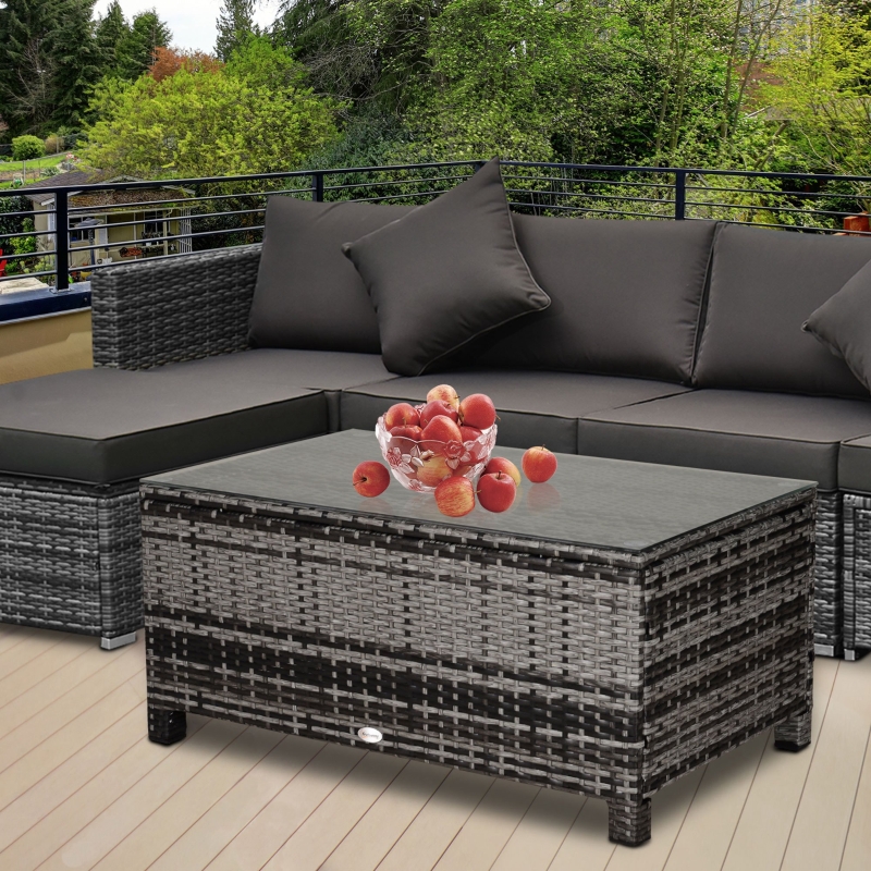 Outsunny Outdoor PE Rattan Wicker Table, Patio Garden Side Table w/ Glass Top for Patio, Balcony, Mixed Grey