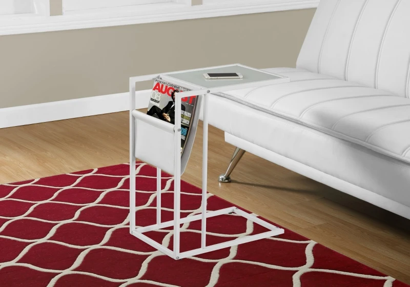Monarch 24" Contemporary Tempered Glass Top Metal Frame Snack C-Shape Side Accent Table with Magazine Storage Rack - White Finish